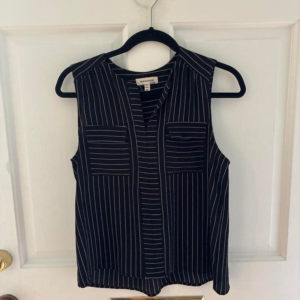 Monteau Women's Black and White Striped Sleeveless Blouse